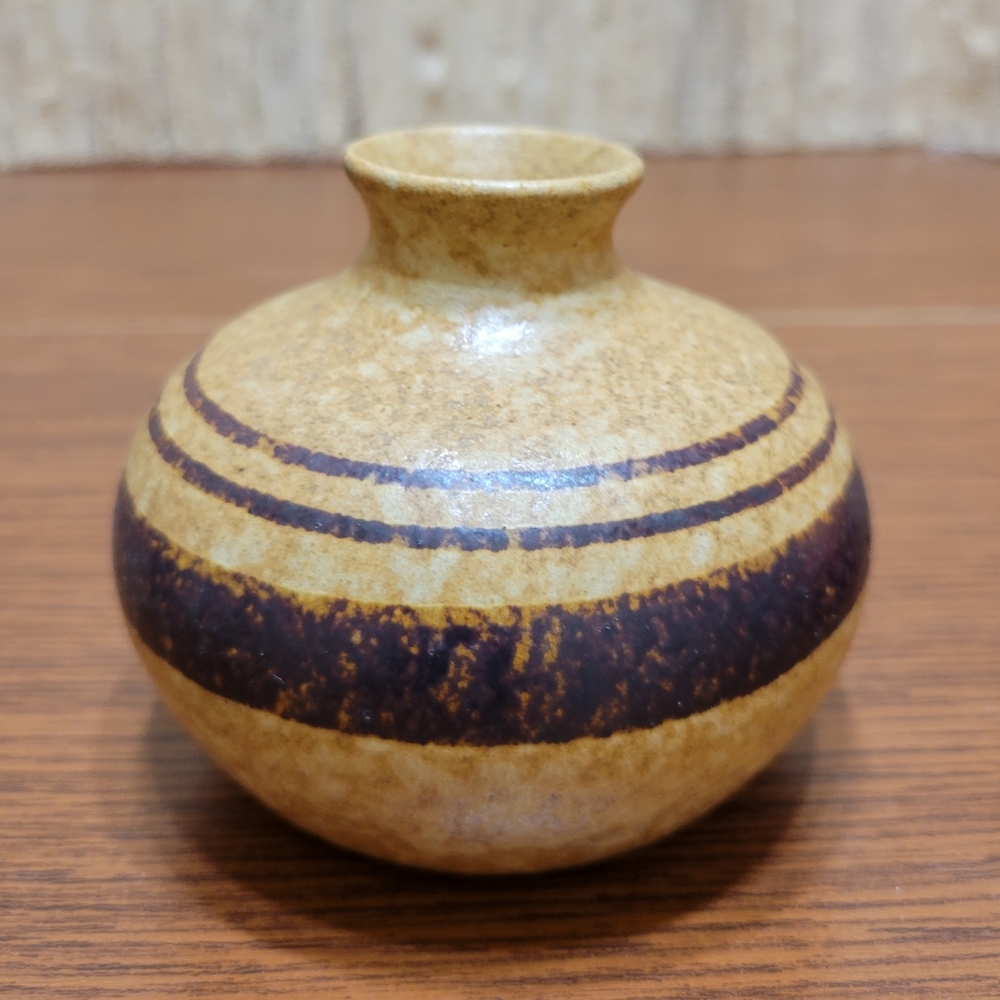 Vintage Pottery Craft Small Vase Glazed in tan with brown stripes
